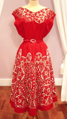 1950s Red and ivory crepe dress with embroidery cut away detail - Mela Mela Vintage